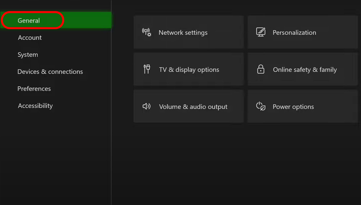Xbox Series X general settings. 
