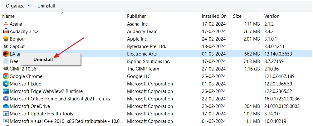 Uninstall option for the EA A.pp