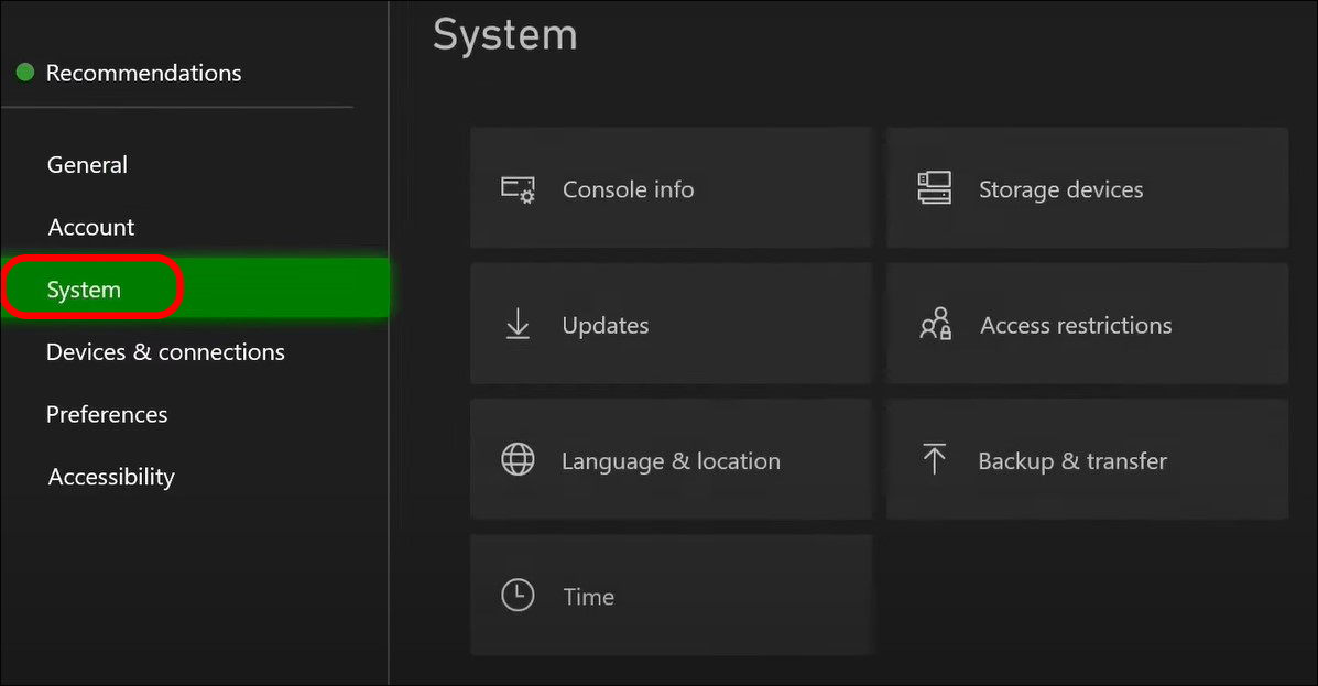 Xbox Series X system settings.