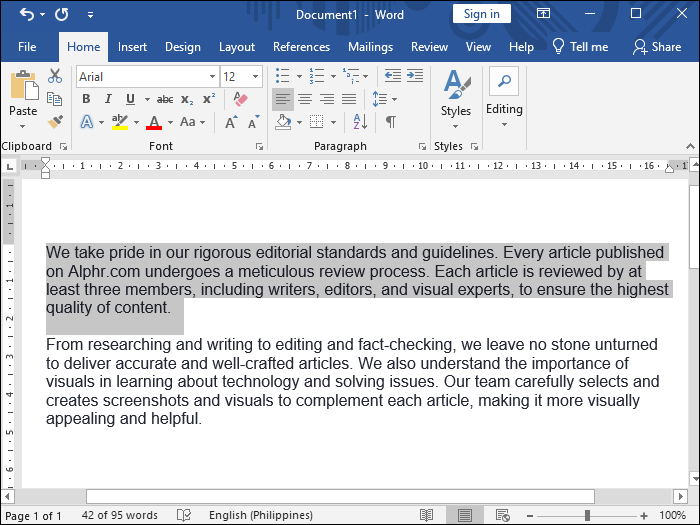 Selecting the desired paragraph in Microsoft Word