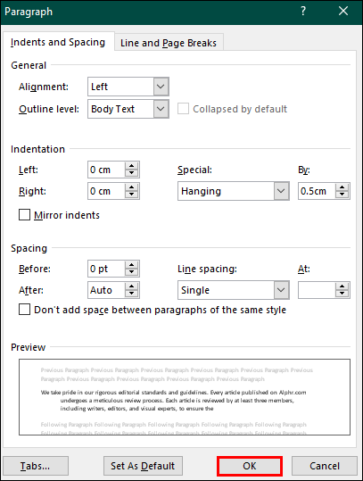 Clicking OK to confirm the changes made in the Paragraph box