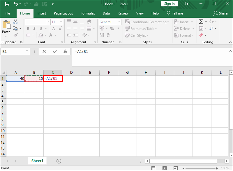 Clicking cell B1 to add it to the C1 formula in Excel