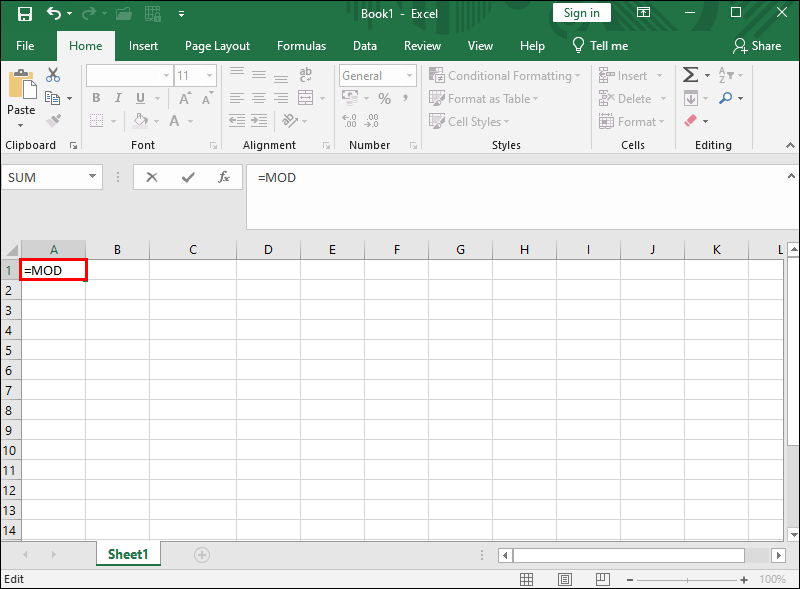 Entering MOD in cell A1 in Excel