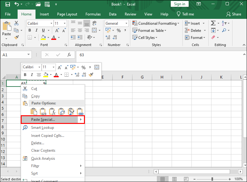 Selecting Paste Special... from the actions menu in Excel