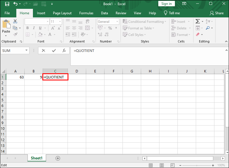 Entering QUOTIENT in cell C1 in Excel