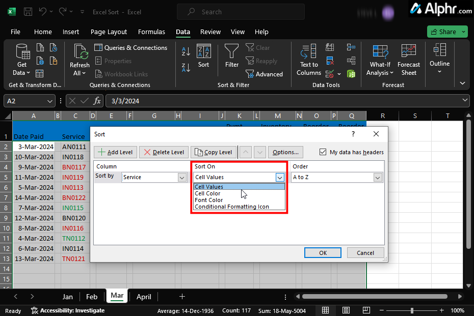 Choose the Sort On dropdown in the Excel Sort option