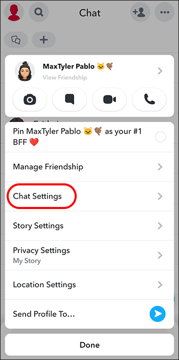 Selecting Chat Settings from the options menu in Snapchat