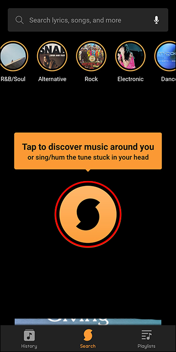 Tapping the SoundHound icon in the SoundHound app