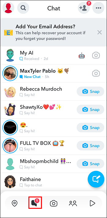 Tapping the Chat button in Snapchat