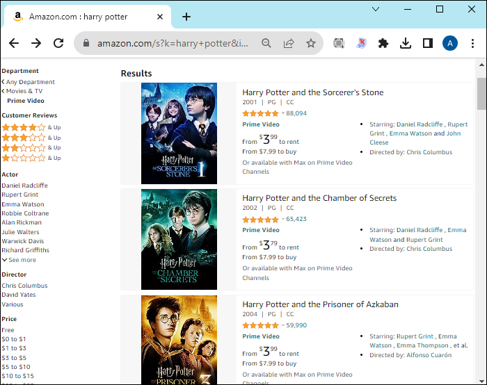 Selecting the desired Harry Potter movie from the list