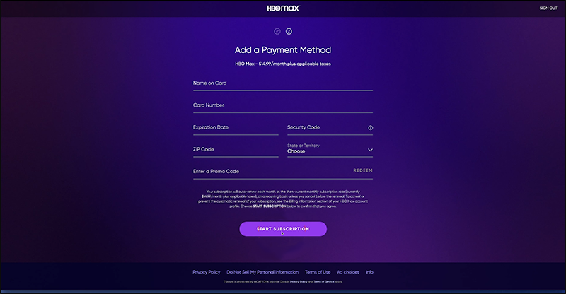 Entering payment information and hitting Start Subscription on the Max webpage