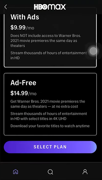 Selecting a subscription plan in the Max app