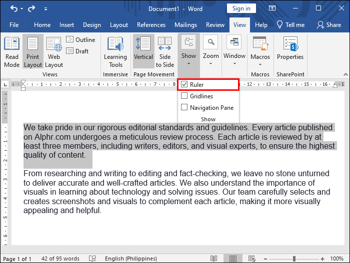 Checking the box to Show the Ruler in Microsoft Word