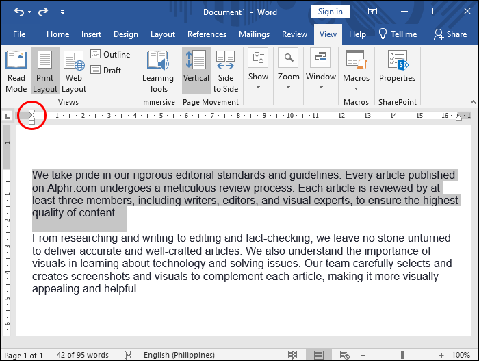 Locating the small triangles in the Ruler in Microsoft Word