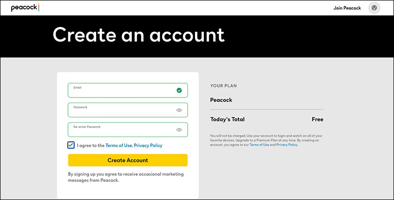 Creating an account on the Peacock webpage