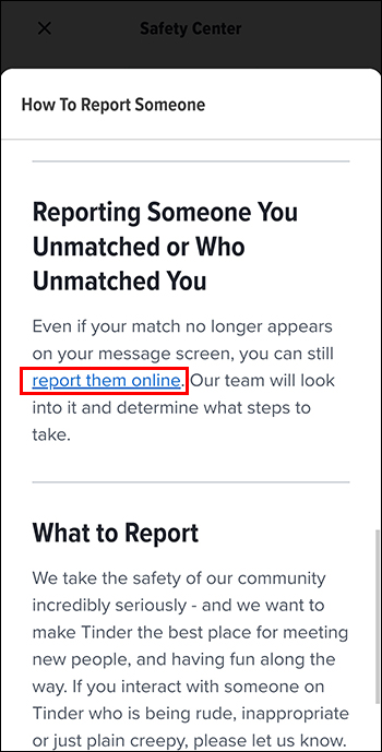 Report them online link on Tinder