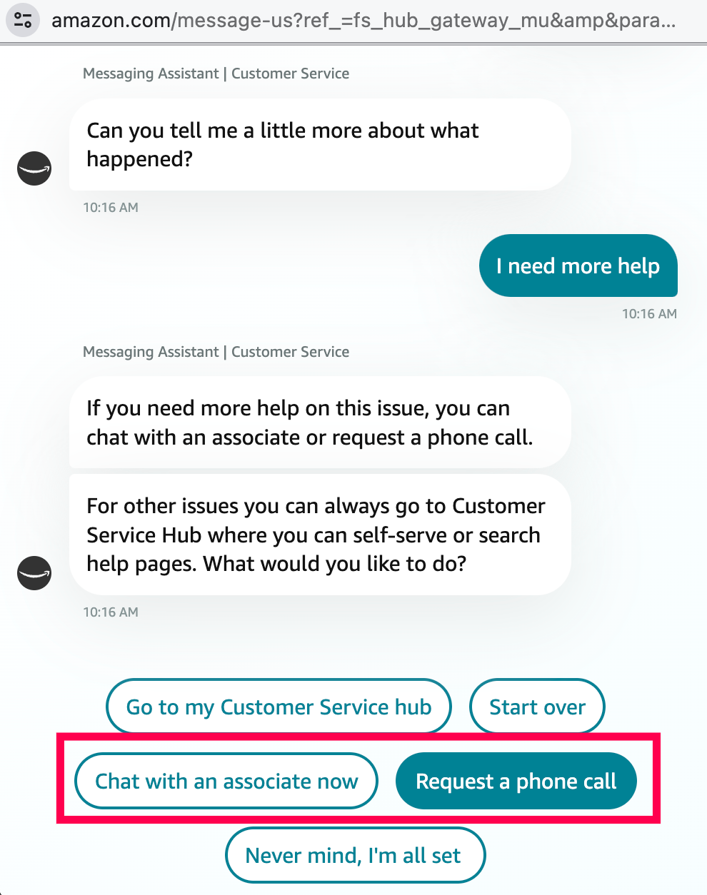 The Amazon Customer service live chat options.
