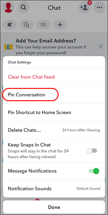Hitting the Pin Conversation button in Snapchat
