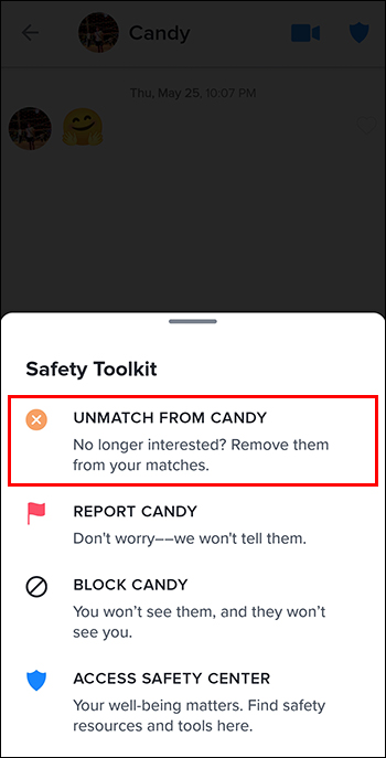 Unmatch Only option from the Safety Toolkit menu bar on Tinder