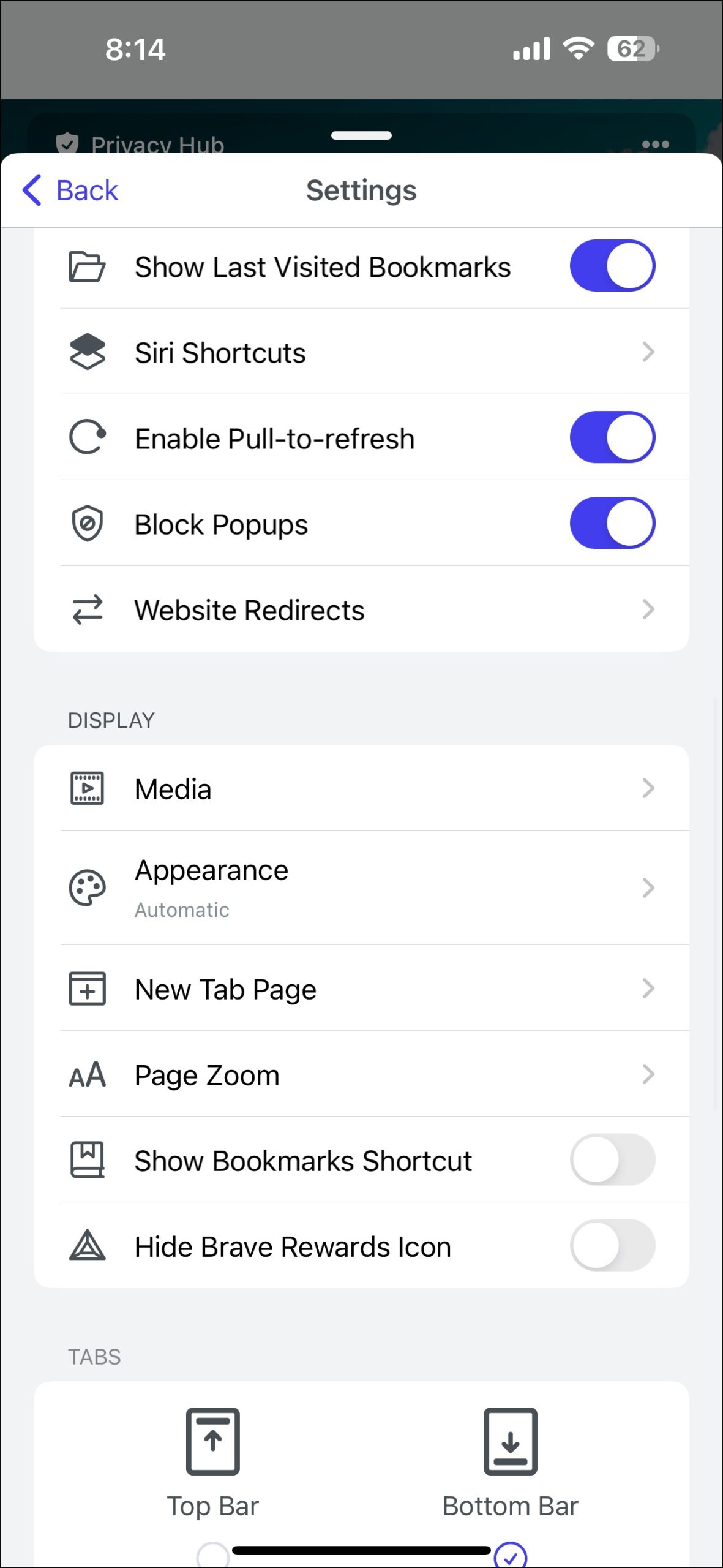 Disable pop-up blocker on Brave for iPhone