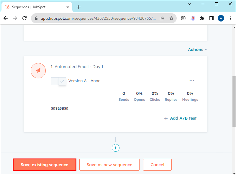 Clicking the Save existing sequence button at the bottom of the Sequences editing page on HubSpot