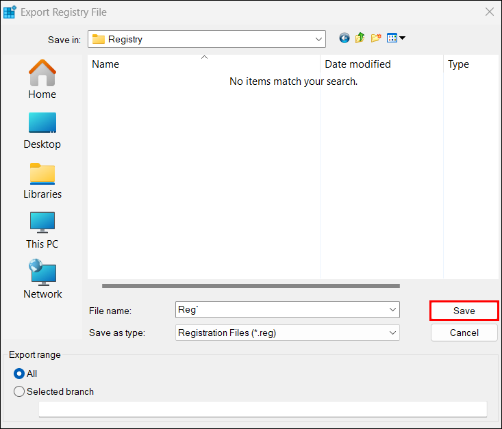 Saving registry export