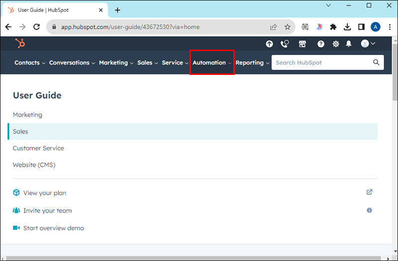Selecting the Automation dropdown menu from the menu bar on the HubSpot webpage