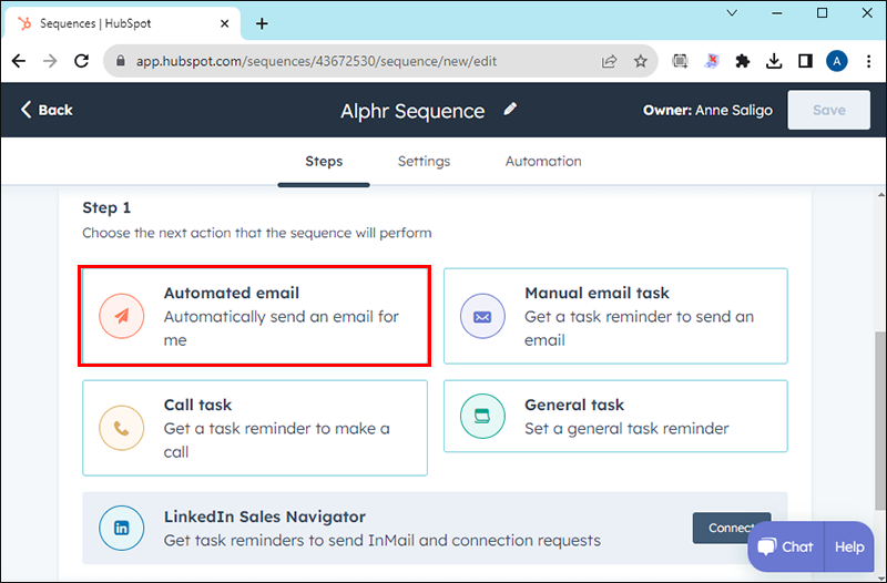 Selecting Automated email from the list of options in the New Sequence page on HubSpot