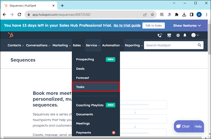 Selecting Tasks from the Sales dropdown on the HubSpot Sequences page