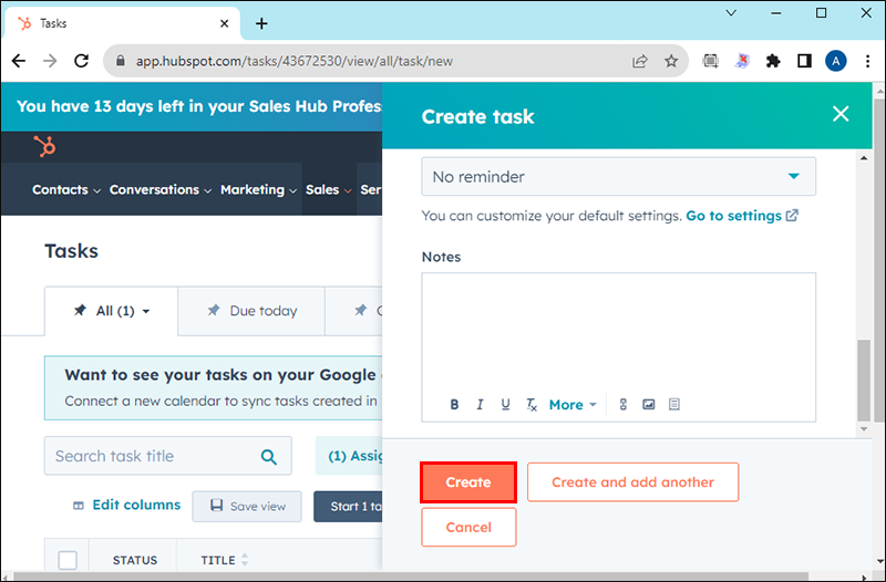 Clicking Create to finish creating the task in HubSpot
