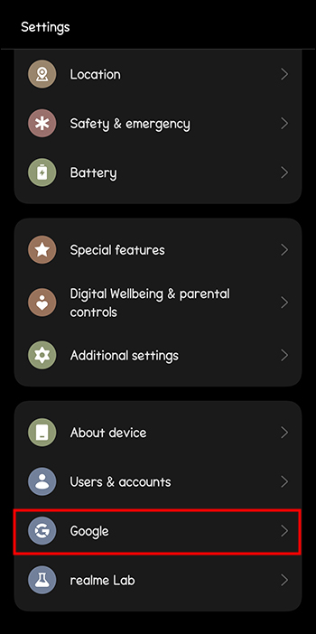 The Google option in Android settings.