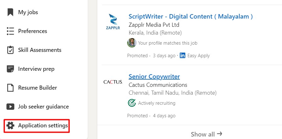 Application settings option within the Jobs section on LinkedIn web.