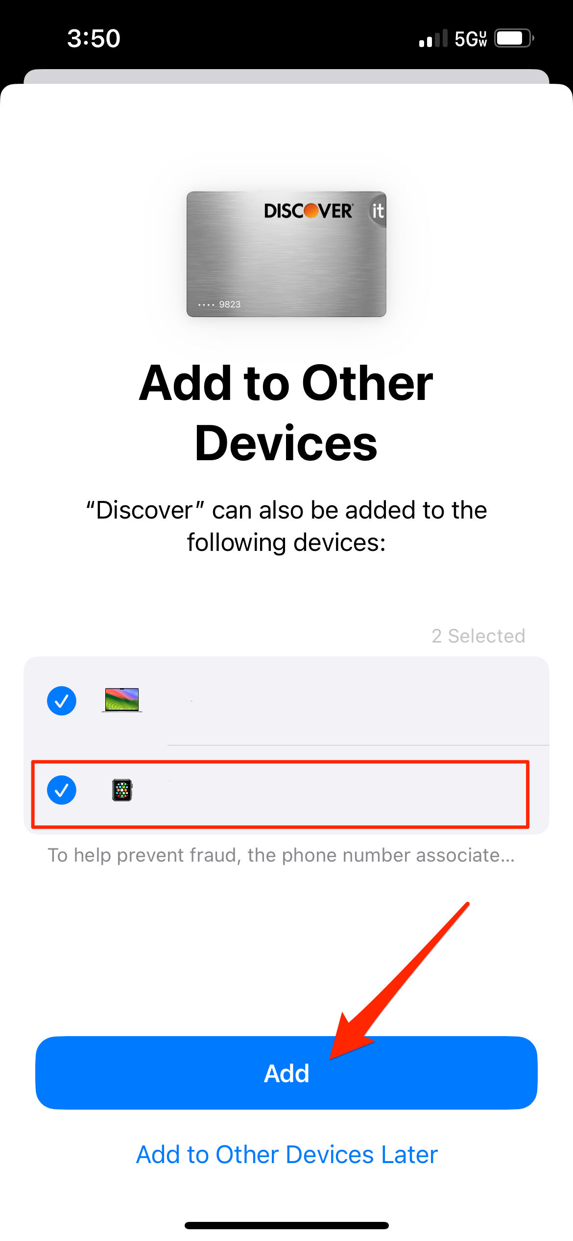 Selecting devices in the Add to Other Devices window in iOS