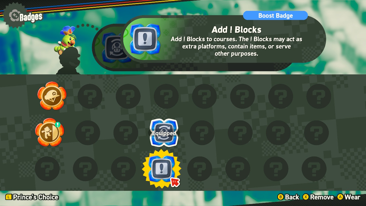 Selecting the Add ! Blocks badge in the badge menu in Super Mario Bros. Wonder