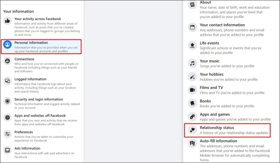 Relationship Status option within the Access your information section