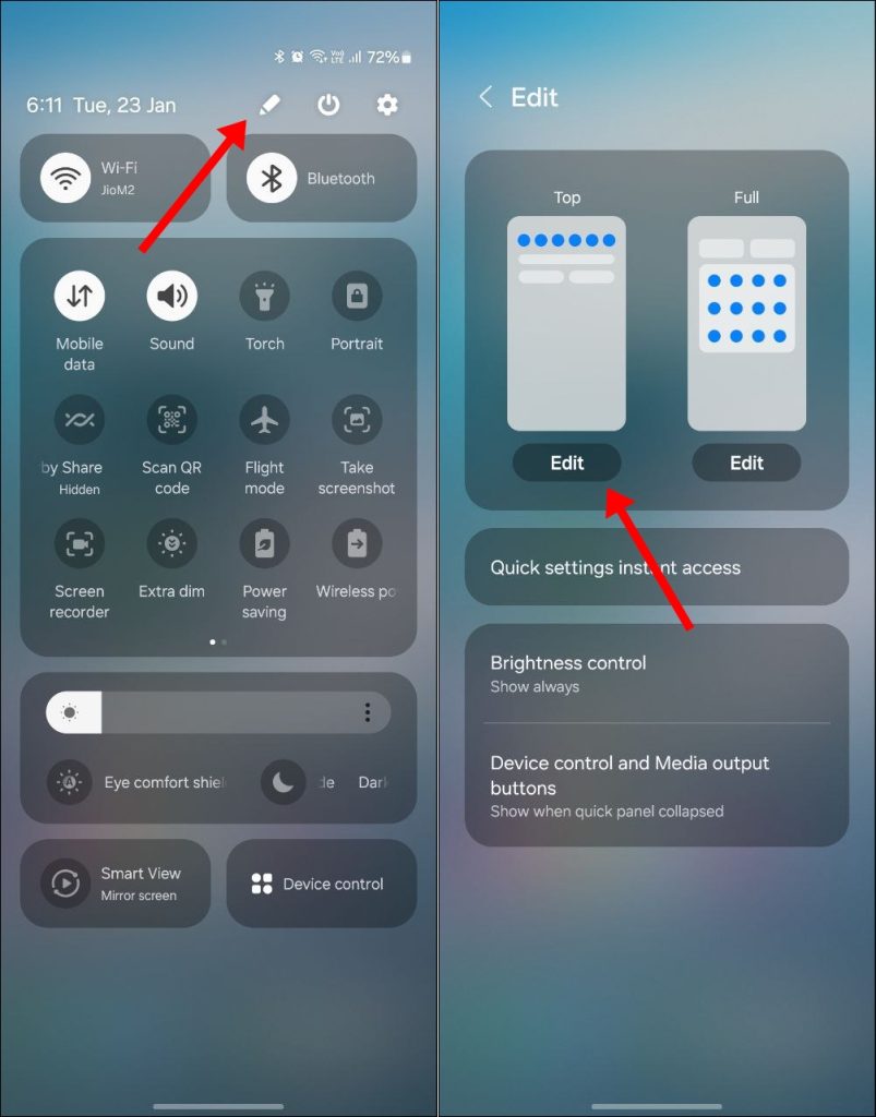 The Edit control panel button on Samsung.