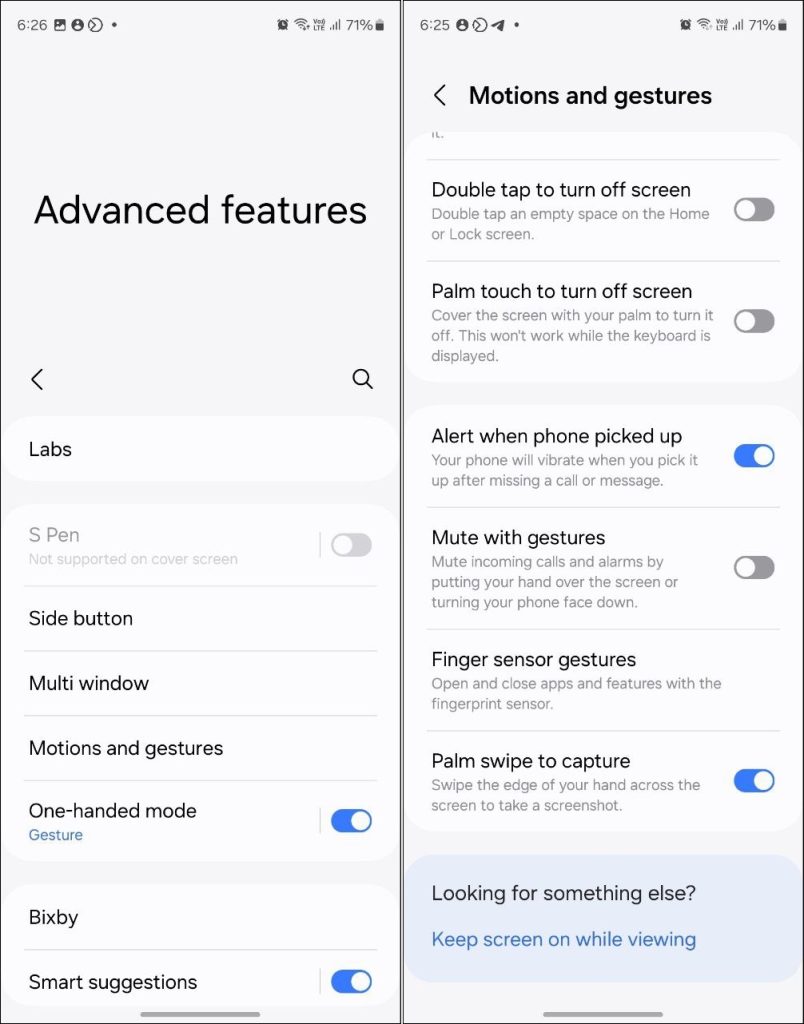 The Advanced features settings on a Samsung.