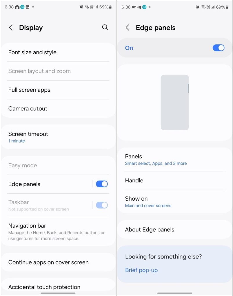 The Edge Panels settings on Samsung.