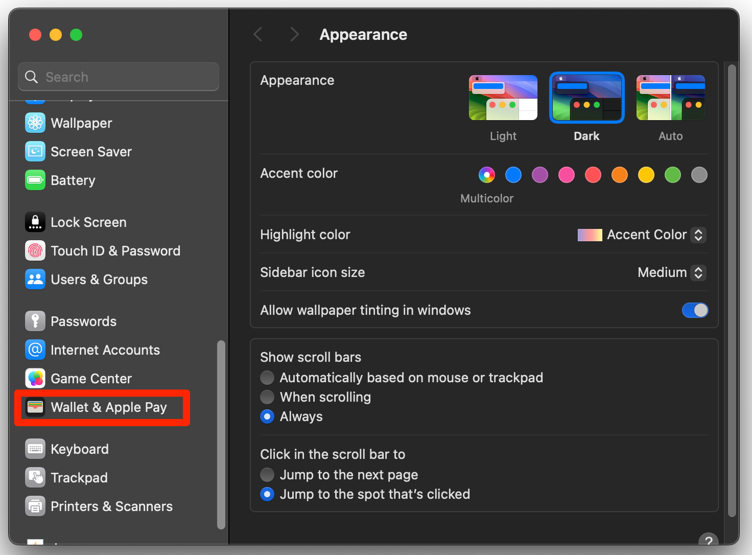 Selecting Wallet & Apple Pay from the sidebar in System Settings in macOS