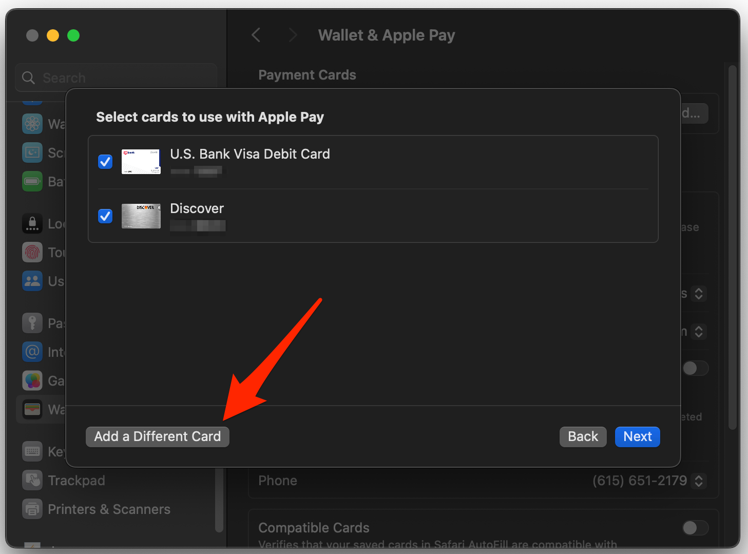 Selecting Add a Different Card in the Add Card window in macOS