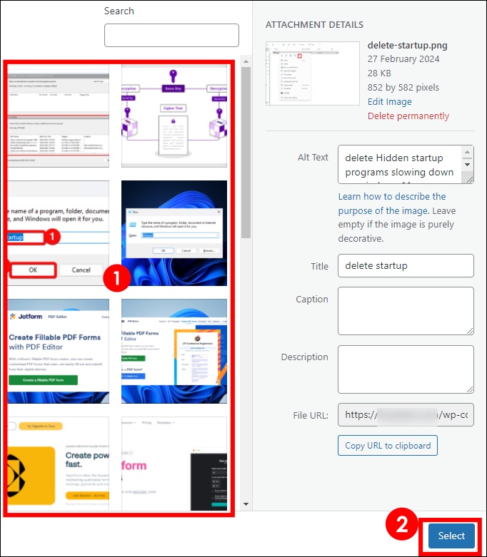 Selecting Media File for insertion in WordPress
