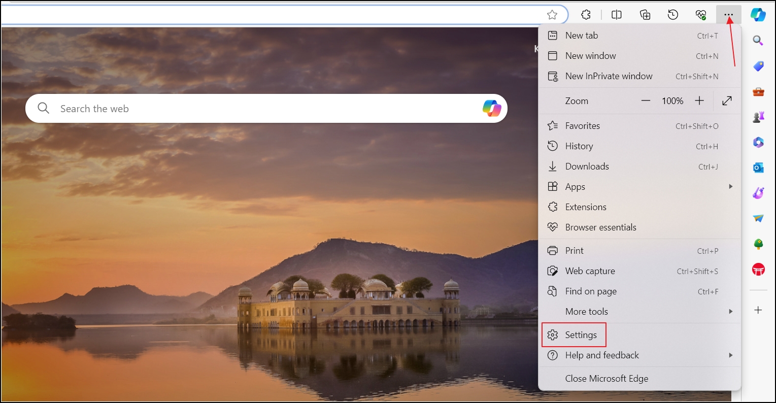 Settings option in the Edge Context menu.