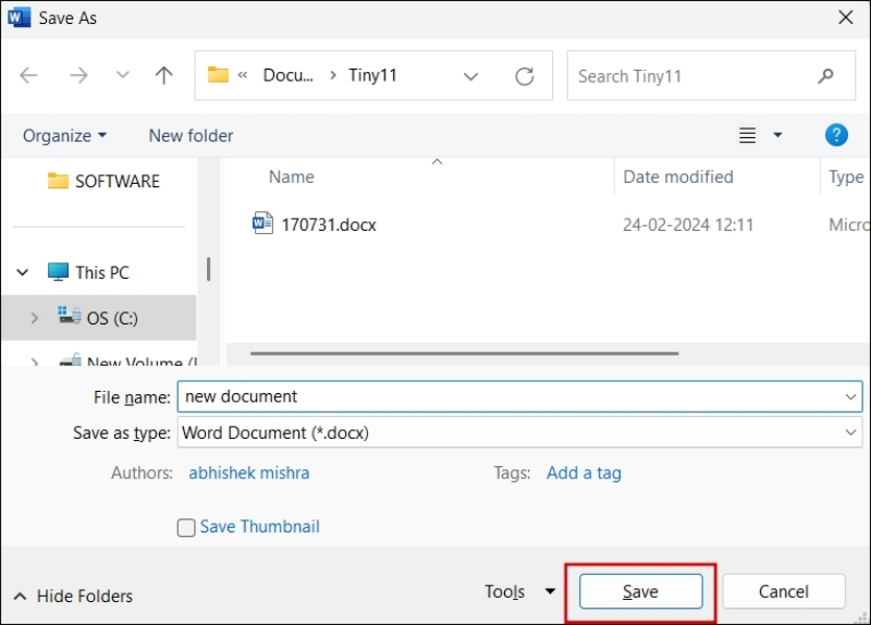 сохранение нового документа с отслеживанием изменений
