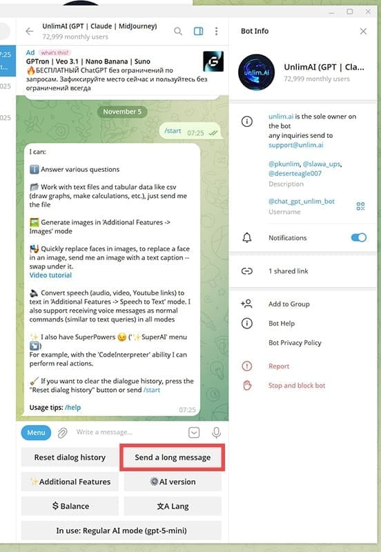 Skaffa ChatGPT, Claude och Midjourney på Telegram med Unlim AI